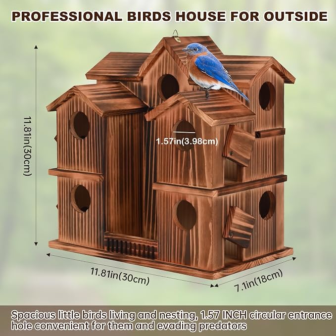 Wooden Bird Houses for Outside, 10 Rooms Bird House with 1.57" Entrance Holes Large Bird Nesting Box for Bluebird Wren Chickadee Cardinals, Hanging Birdhouse for Outdoors with Individual Cleaning Door