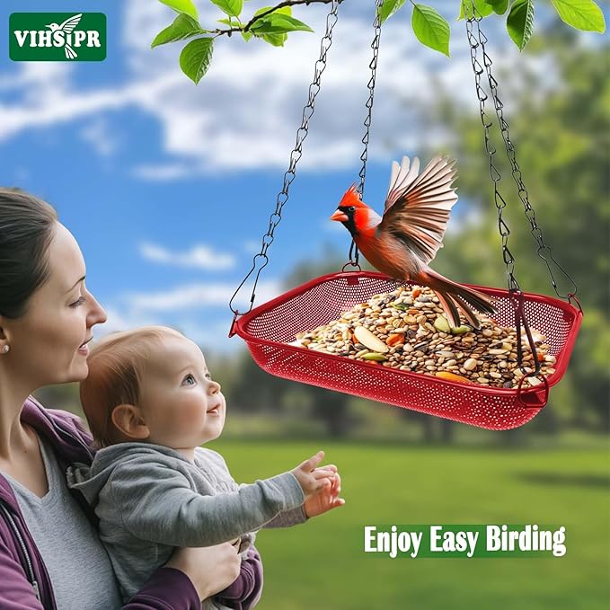 Hanging Bird Feeder for Outdoors – 12 x 8 in Rectangular Platform Bird Feeder, Metal Mesh Seed Tray for Wild Birds, Red