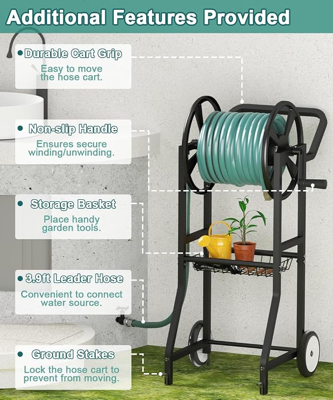 Artigarden Garden Hose Reel Cart with Wheels, Outdoor Heavy Duty Powder Coated Steel Water Winder Storage Holds 125 ft 5/8" Hoses with 3.9ft Leader Hose and Basket for Backyard, Yard, Lawn, Black