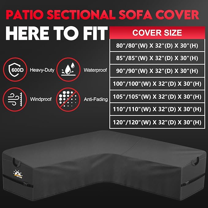 Zettum Outdoor V-Shaped Sectional Cover - 600D Patio Sectional Sofa Cover, Waterproof & Heavy Duty Patio Furniture Covers for Outdoor Sectional Sofa and Couch, 120x120 Inch Wide