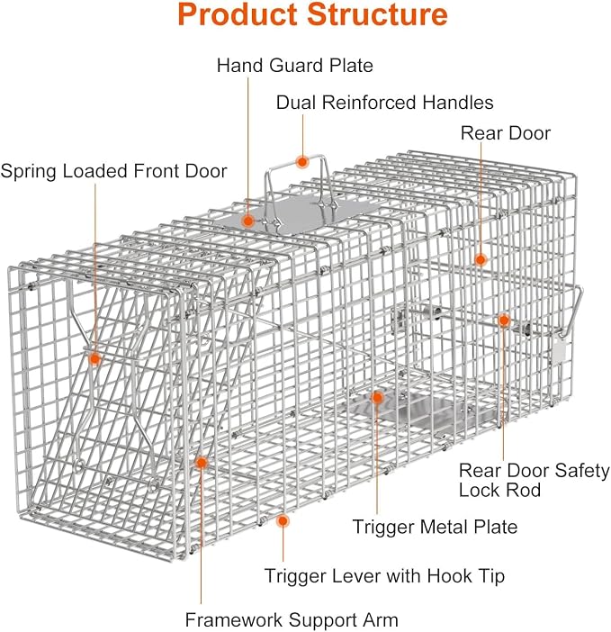 TeqHome Large Live Animal Trap Cage, 31"x11"x12" Live Animal Cage Trap Humane Raccoon Traps Catch Release, Collapsible One-Door Animal Catcher Cage for Cats Opossums Groundhogs Skunks Squirrel Rodent