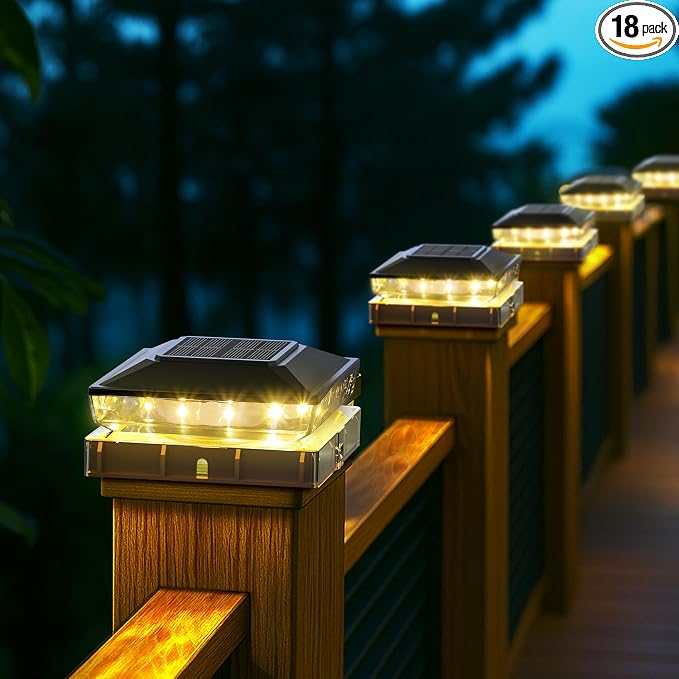 KEILAIMO Solar Post Cap Lights, 18-Pack Upgraded Outdoor Deck Fence Post Solar Lights for 4x4 5x5 Wood/Vinyl Posts, IP65 Waterproof, 10-12 Hours Warm White Glow for Garden/Patio/Porch - Black
