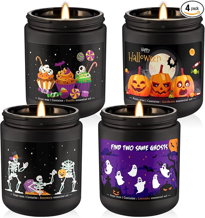 4 Pack 8Oz Halloween Scented Candles for Home Scented Aromatherapy Candles, Soy Wax Autumn Candle Gift Set for Women Men，Home Decoration，Themed Party Decor