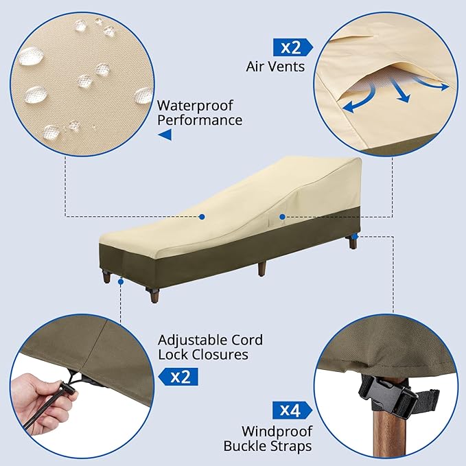 SunPatio Chaise Lounge Cover Outdoor Waterproof, Heavy Duty 2 Pack Patio Lounge Chair Covers, UV & Rip & Fade Resistant, All Weather Protection, 80"L x 32"W x 25"H, Beige & Olive