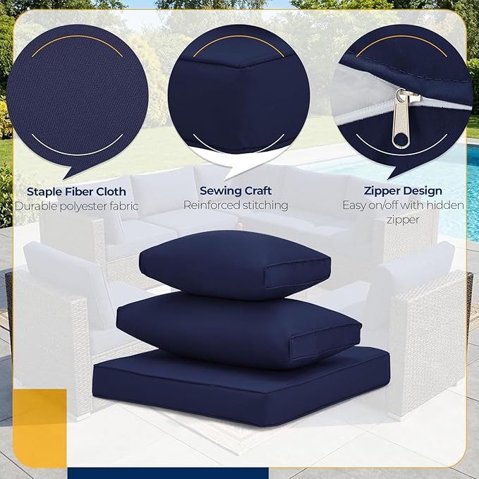 HOMREST 14-Piece Outdoor Cushion Covers Set for Patio Furniture, Reversible Double-Sided Sofa Slipcovers with Zipper, Water-Repellent Replacement Covers Only (Navy, 25.6×25.6×3.9in)
