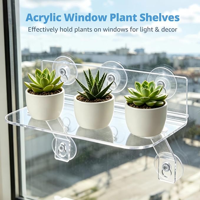 2-Pack Acrylic Window Plant Shelves with Suction Cups & Support Brackets - 11.8 in Semicircular Window Sill Extender for Herb Pots, Succulents, Flower Boxes, Micro Greens | Indoor/Outdoor Use