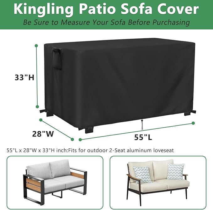 Kingling Outdoor Bench Cover Waterproof, Heavy Duty Patio Sofa Covers for 2-3 Seater Sofa, Loveseat & Couches Weather Protection Couch & Loveseat cover-55 L x 28" W x 33 "H inch(Black)