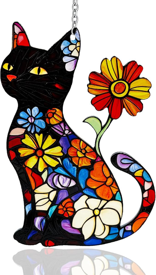 Cat Stained Glass Suncatcher Window, Hanging Sun Catchers Indoor Window, Cat Lover Suncatcher for Mom/Women (Black)