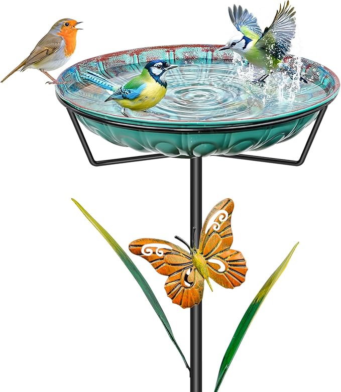 Metal Bird Bath for Outside, 35In Freestanding Birdbath with 5-Pronged Sturdy Base, Removable Easy Clean Birdfeeder Bowl with Butterfly & Leaf for Outdoors Garden Patio Yard Lawn Decor(Blue)