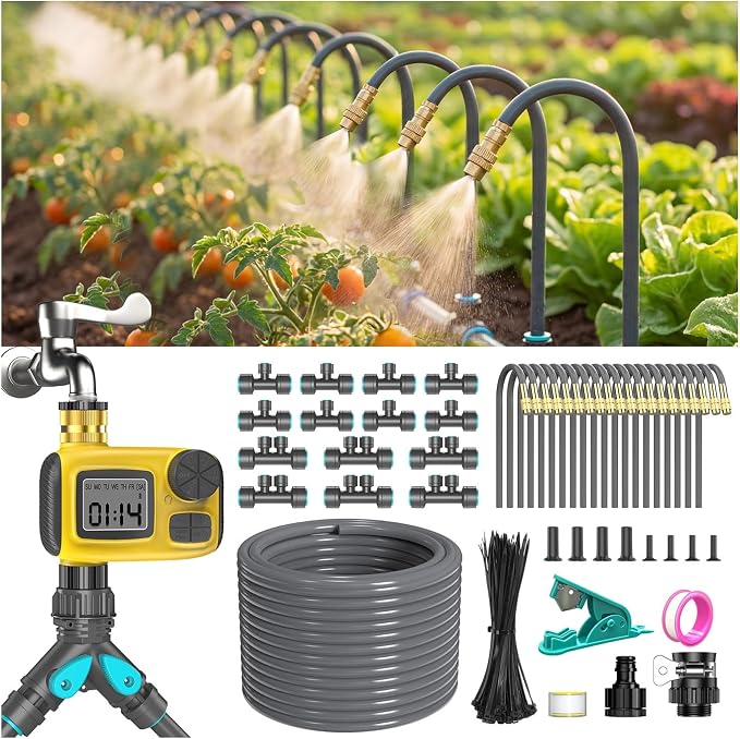 98FT 1/2" Drip Irrigation System Kit with Smart Water Timer for Garden,Automatic Watering System with 20pcs 360° Adjustable Copper Nozzles, Irrigation System for Garden,Yard, Lawn,Greenhouse