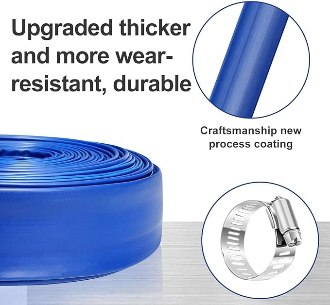 YASHINE PVC Drain HOSE 2"*100ft, Pool Backwash Hose, Heavy Duty Reinforced Blue PVC Lay Flat Water, For Swimming Drain Pools and Clean Filters, with 2 Clamp