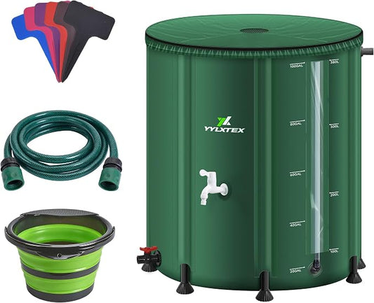 100 Gallon/380L Collapsible RainWater Collection Barrel,Water Tank&Reinforced with 2mm Frame Portable Rain Catcher,Includes Quick-Connect Tap&Sprinkler,Heavy Duty 0.6mm PVC for Long-Lasting Use,Green