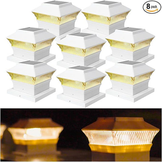 8 Pack Solar Post Cap Lights - Classic #2: Fits 4x4 Vinyl, 4x4 & 6x6 Wood Posts, 25 Lumen 3000K Warm White, Outdoor Deck Fence Light, Waterproof, Elegant White