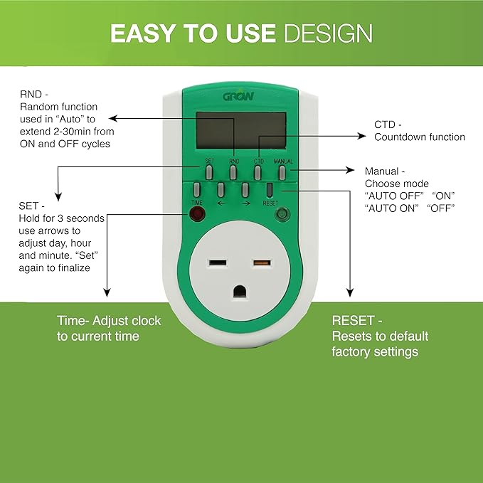 Grow1 240V Outlet Digital Timer, Single Outlet, 15A, Compatible with 220V, 230V & 240V Outlets, Great for Grow Lights, Reptile Enclosures & Aquarium Timer
