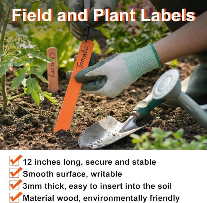 Weysat 200 Pcs 12" Wood Plant Labels for Field or Containers Plant Tags Wood Garden Labels for Seedling Stakes Markers Nursery Seed Tags with Smooth Surface for Pot Herbs Flowers Vegetables (Orange)