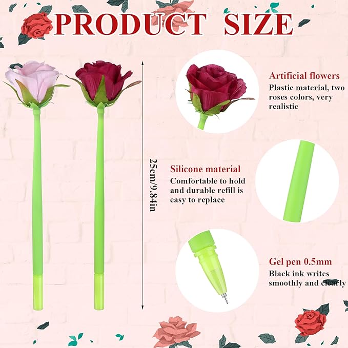 28 Pcs Flowers Pen Artificial Rose Pens Rose Shaped Ballpoint Pen Black 0.5mm Gel Ink Rollerball Pen Valentine's Day Flower Pens Gel Ink-pens for First Day Back to School Classroom Reward