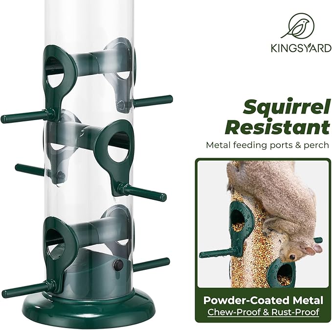 Kingsyard Metal Bird Feeders for Outdoors Hanging, Tube Bird Feeder with 6 Feeding Ports, 15 Inch, Chew-Proof & Weatherproof, Green