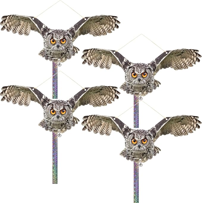 Fake Owl to Keep Pigeon Away from Balcony, 4PCS Pigeon Scare Devices, Flat Plastic Owls with Reflective Tape, Garden Owls to Scare Woodpecker Squirrel, Hanging Owl Decor for Porch Patio Outside