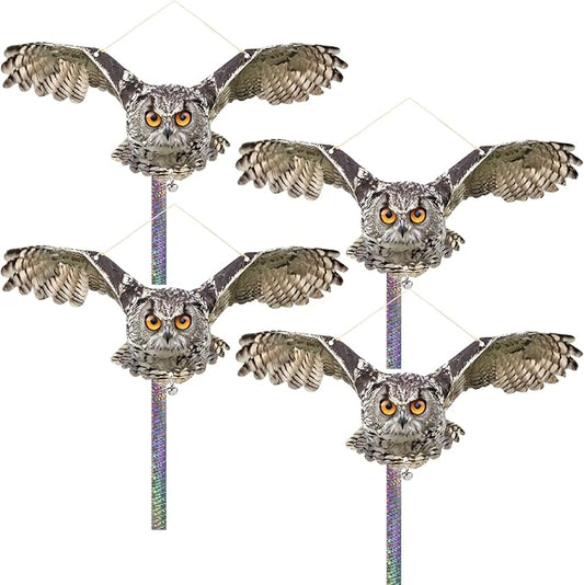 Fake Owl to Keep Pigeon Away from Balcony, 4PCS Pigeon Scare Devices, Flat Plastic Owls with Reflective Tape, Garden Owls to Scare Woodpecker Squirrel, Hanging Owl Decor for Porch Patio Outside