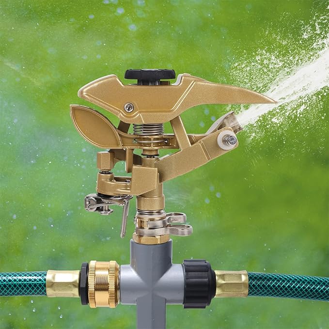 Biswing 2 Pack Impact Sprinklers on Metal Step Spike, Heavy Duty Zinc Alloy Lawn Sprinkler Head on Spike Base, Adjustable 360 Degree Watering Sprinkler for Large Area Grass Garden Irrigation