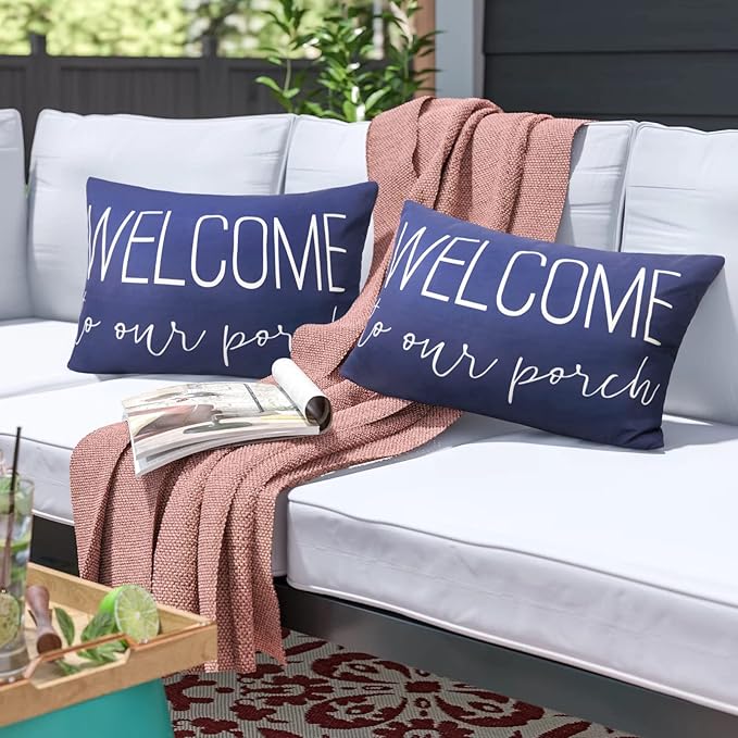 Merrycolor Pack of 2 Navy Blue Outdoor Waterproof Lumbar Pillow Covers 12x20 Decorative Waterproof Outdoor Pillows for Patio Furniture (Welcome)
