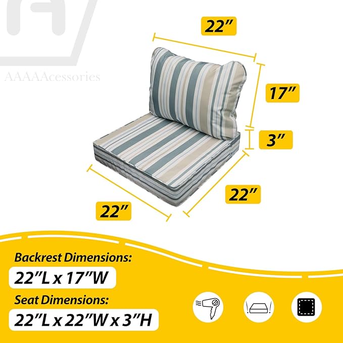 AAAAAcessories Outdoor Seat Cushions for Chairs, Fade-Resistant, Waterproof Patio Furniture Replacement Cushions, 22" x 22" x 3" + 22" x 17", Slate Gray Blue Coastal Stripe