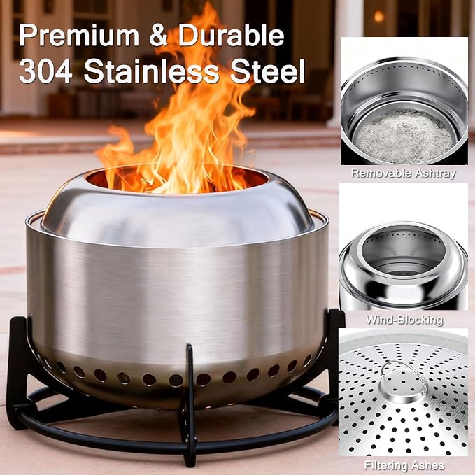 M METERXITY 20 Inch Smokeless Fire Pit with Stand/Removable Ash Pan/Campfire Ring - 304 Stainless Steel Smokeless FirePits for Outside Wood Burning, Outdoor Fire Pit Portable for Patio, Camp