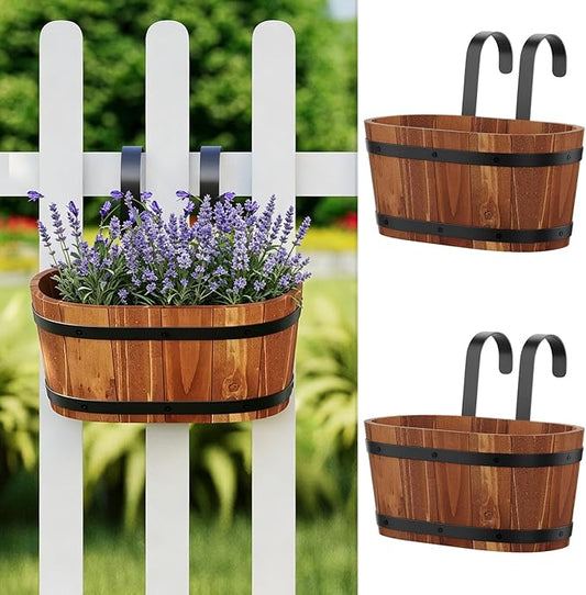 2 Pack Wooden Railing Planters, Hanging Flower Pots with Detachable Hooks for Balcony Deck Porch Garden Country Home Decor (Brown)