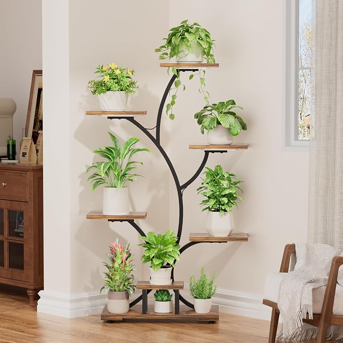 Yzosvki Plant Stand Indoor with Grow Lights, 6 Tiered Large Plant Shelf Flower Stand, Tall Plant Shelves for Living Room, Patio, Corner, Heavy Duty, Rustic Brown and Black
