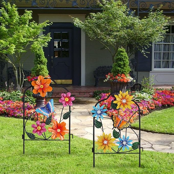 hogardeck Garden Decor for Outside, Set of 2 Metal Fence Decorative Garden Stakes with Flowers for Spring Decor, Yard Signs for Outdoor Patio Lawn Backyard Porch Decorations