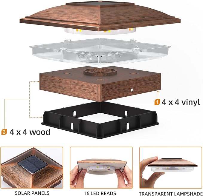 APONUO 16 Pack Fence Post Solar Lights, 2 Modes(Warm/Cool Light) Outdoor Waterproof 4x4 Post Solar Lights, Solar Powered Garden, Patio, Deck Decor for 4x4 Wood & Vinyl Posts, Copper