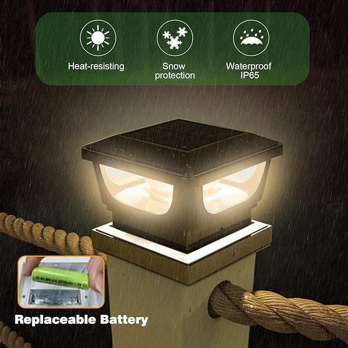 Sumaote Solar Post Cap Lights, 120 Lumen 3000K Warm White LED for 3x3 Metal/Vinyl & 4x4 Wood Posts, IP65 Waterproof Outdoor Garden Fence Deck Lighting, Dusk-to-Dawn Auto On/Off (4 Pack)