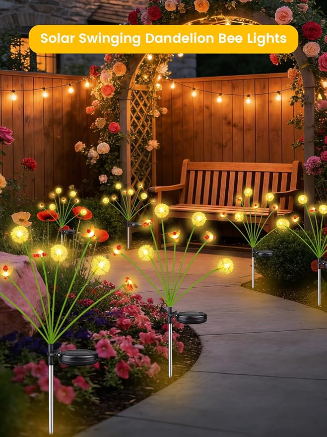 EEW Solar Garden Lights Outdoor 4 Pack 32 LED Swaying Dandelion Bee Lights | Newly 3-Layer Design, Auto On/Off, IP65 Waterproof, 2 Modes, Adjustable Stem, Garden Lawn Pathway Patio Party Decorations