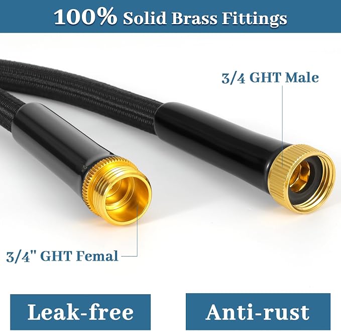 Non-Expandable Garden Hose 50 ft Kink Free Flexible Water Hose with 10-Pattern Spray Nozzle, 3/4" Brass Connectors,Leak Proof,Abrasion Resistant Hose for Lawn, Yard, Car Washing, and Outdoor Use