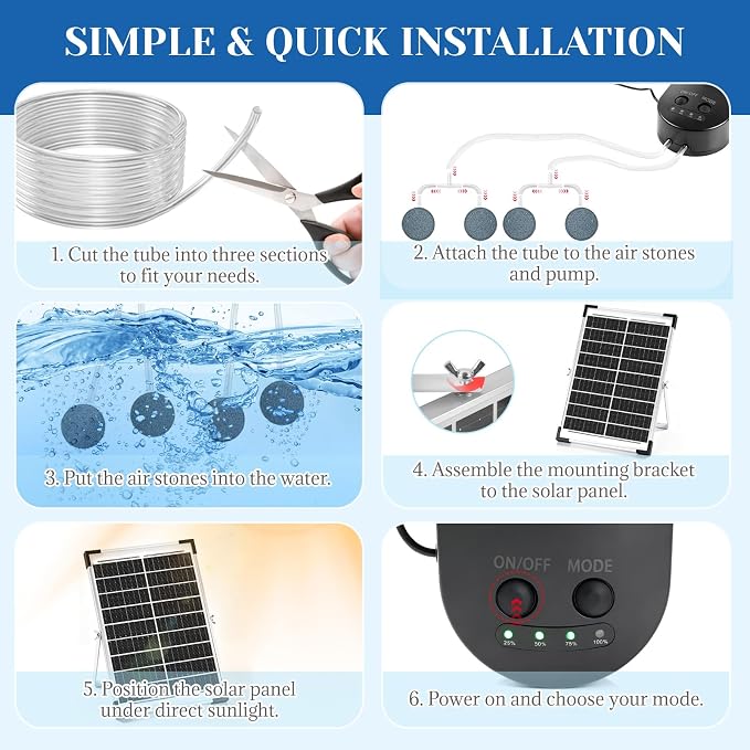 Yeomi 15W Solar Oxygen Pump, Solar Pond Aerator, Split Design Aquarium Oxygen Pump with Dual Air Ports, 22/55/110H Working Mode, Solar Aerator for Pond, Fish Tank, Aquarium, Hydroponics