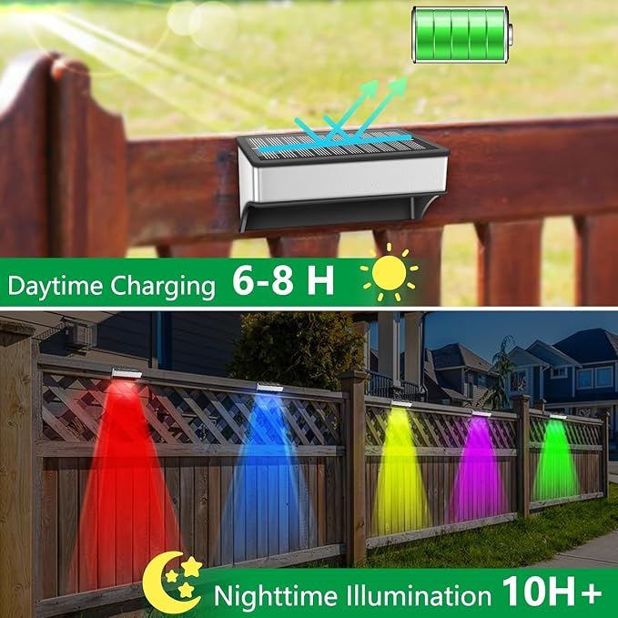 Solar Fence Lights Outdoor,Step Lights Solar Powered with 9 Lighting Options, IP65 Waterproof, Deck Light Solar Powered for Outside/Backyard/Patio/Wall/Railing/Pool/Stair (2 Packs)