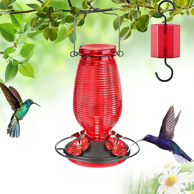 FEED GARDEN Glass Hummingbird Feeder for Outdoors Hanging, 20 OZ Humming Birds Feeders with 6 Bee Guard Feeding Ports & Built-in Ant Moat, Bird Feeder for Outside, Red