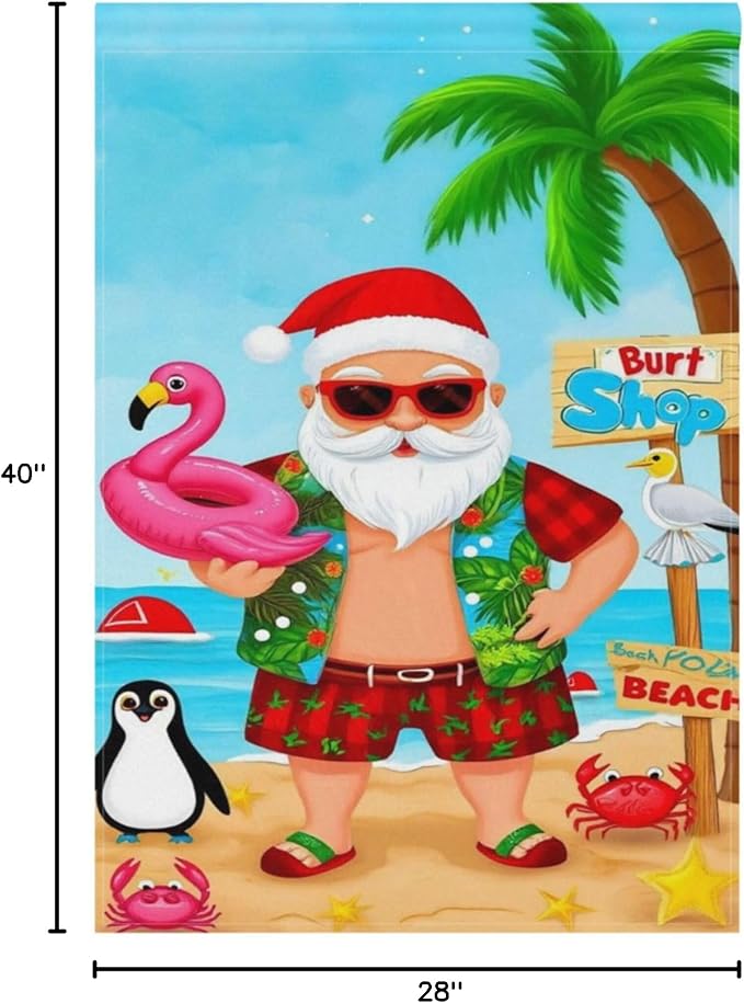 Christmas Beach Santa Claus House Flag 28x40 Inch Double Sided Outside Winter Penguin Flamingo Xmas Seasonal Yard Outdoor Flag Banner for Garden Lawn Patio Holiday Decorations