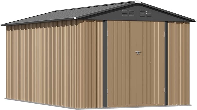 Greesum 8x12FT Outdoor Storage Shed, Utility Tool Shed with Sloping Roof, Metal Storaged Garden Shed with Door & Lock for Patio Storage, Brown
