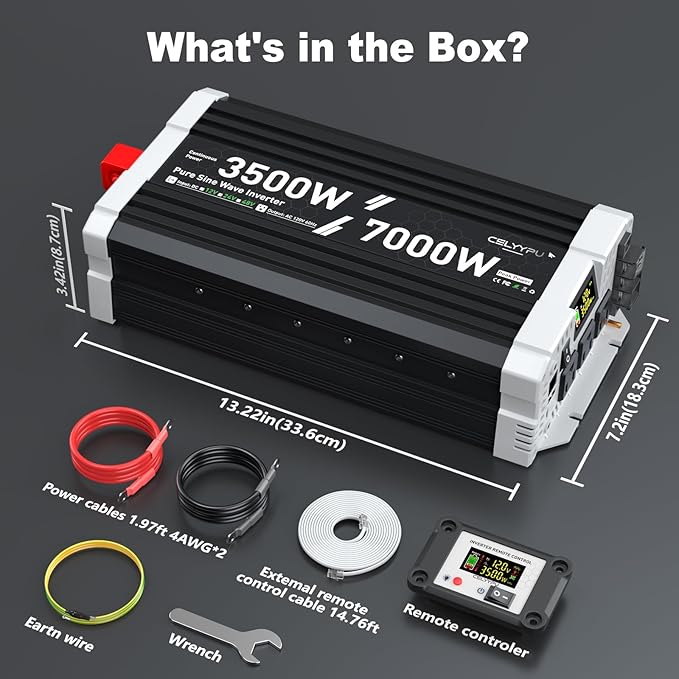 3500 watt Pure sine Wave Inverter, 12V DC to 110V AC Power Inverter, with 3 AC Output sockets, USB Port, Type-C Port, Remote Control with LCD Screen, Used for Solar Emergency Power Supply in RV Homes