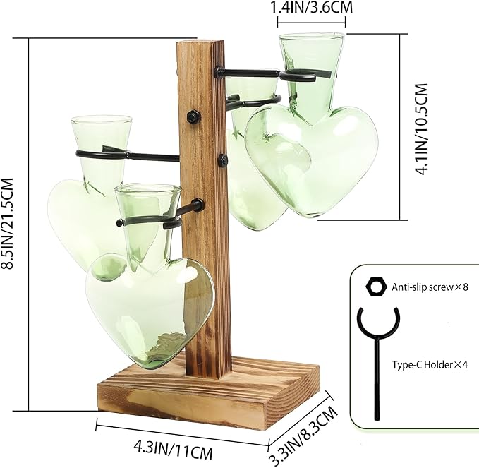 Plant Terrarium Propagation Stations with Wooden Stand | Glass Vase for Indoor Hydroponics Home Garden Office Decoration Gift for Women - 4 Love Bulb Vase