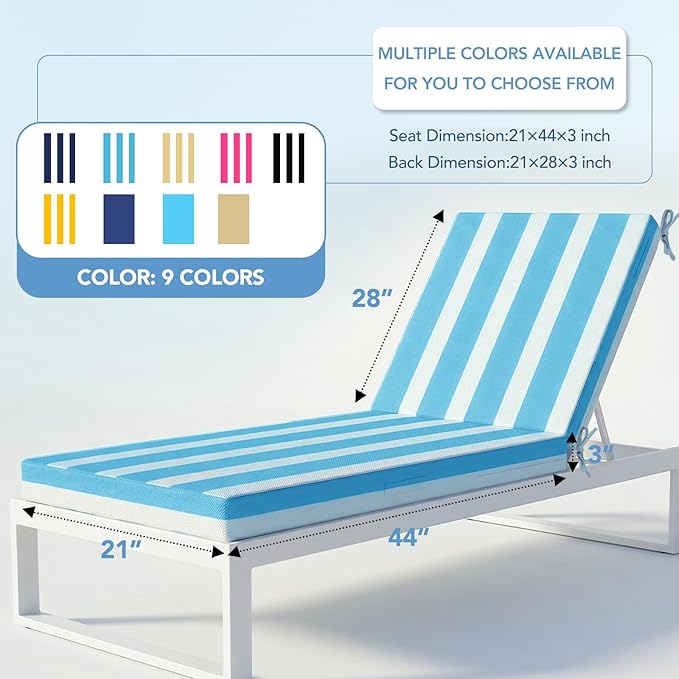 L'AGRATY Outdoor Lounge Chaise Cushion: 72x21x3 Inch Waterproof Lounge Chair Cushion for Outdoor Furniture with Fade Resistant Removable Cover - Patio Cushions for Pool Lawn Deck(Blue White 2Pcs)