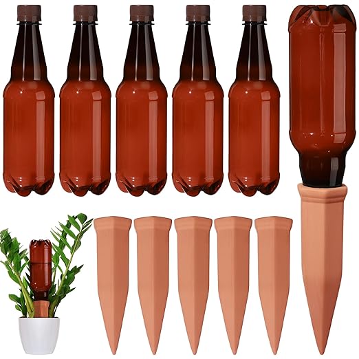 SiliFine 6 Sets Terracotta Self Watering Spikes with 26 oz Plastic Bottles, Plant Watering Devices Slow Release Vacation Insert Automatic Plant Watered Device