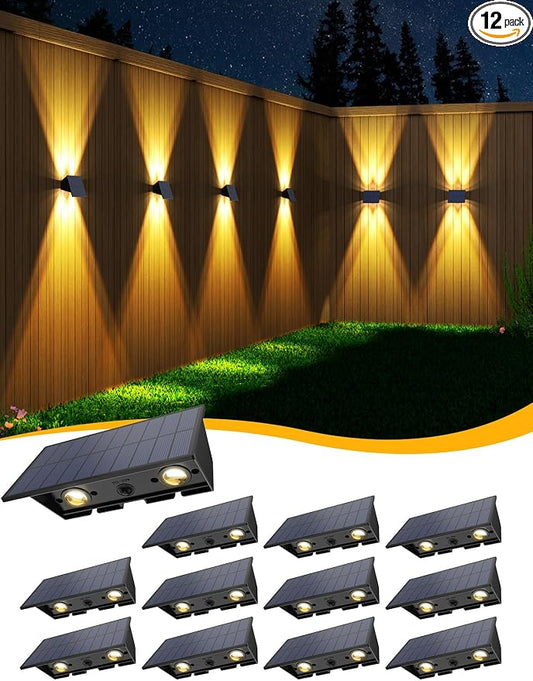 Solar Fence Lights Outdoor,12Pack Solar Wall Lights Up and Down Waterproof Brighter LED Focus Lens Dusk to Dawn Fence Lights Solar Powered for Patio/Backyard/Porch/Railing/Step
