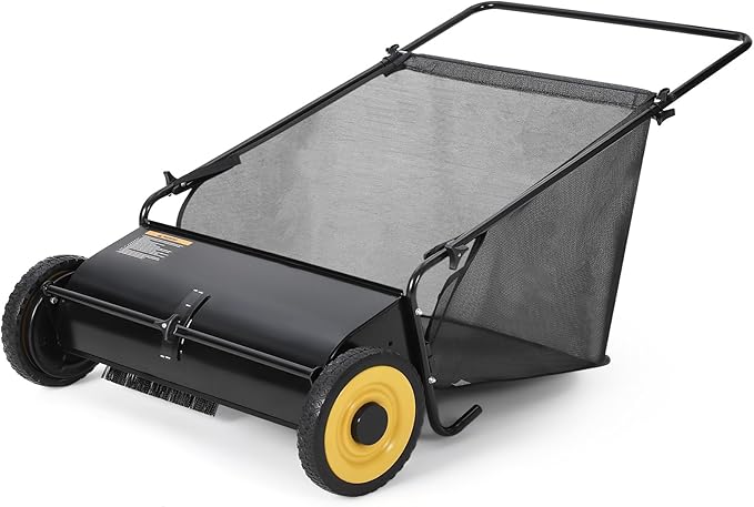 Efficient 21-Inch Push Lawn Sweeper – Heavy-Duty Steel Frame, 4 Enhanced Spinning Brushes, Large 3.5 cu.ft Pusher, Strong Rubber Wheels, Manual Leaf & Grass Collector – Black with Yellow Hubs