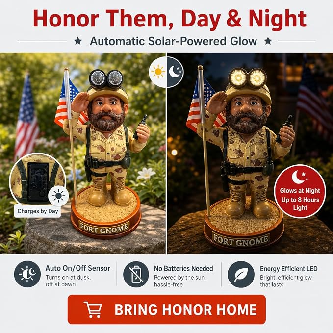 Military Garden Gnome Solar Statue – Patriotic Soldier Gnome | Memorial Day & 4th of July Outdoor Decor | Veteran Gift | Weatherproof Resin Garden Figure with American Flag for Yard & Lawn