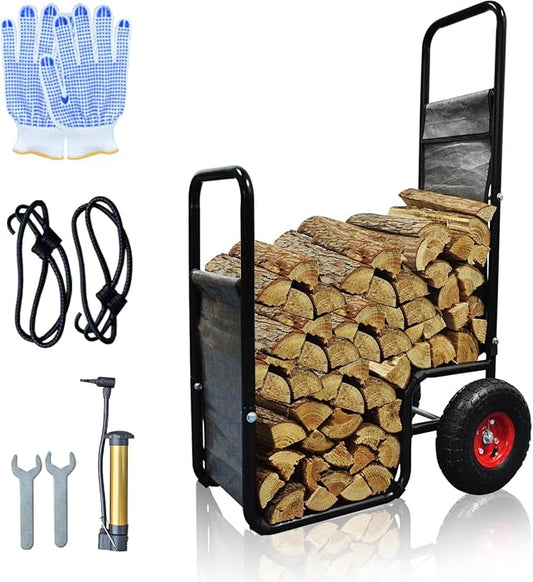 Doublehorse Firewood Cart with Pneumatic Wheel: 27 x 20 x 44 in Large Heavy Duty Metal Waterproof Portable Storage Rack - for Outdoor Camping Backyard Fireplace Indoor Use for Women Men