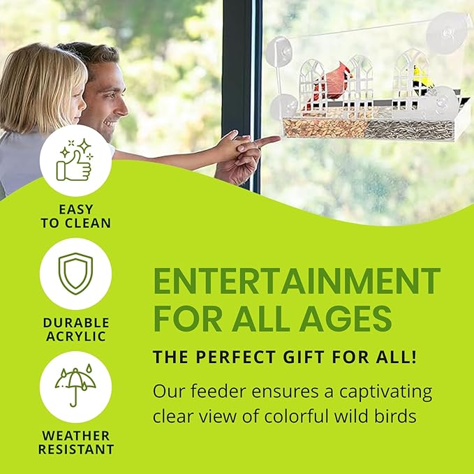 Nature Gear Acrylic Clear Window Bird Feeder with Strong Suction Cups, Removable Sliding Seed Tray, Weather-Resistant & Easy to Clean for Window Viewing, Bird Palace