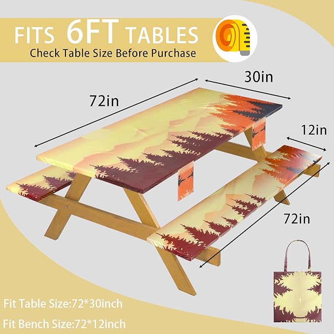 Fitted Waterproof Picnic Table Cover with Bench Covers Elastic Reusable Camping Table Cloths for 6Ft Rectangle Tables Summer Camp Motorhome Party Gear Outdoors Car Travel Trailer Gadgets Gift