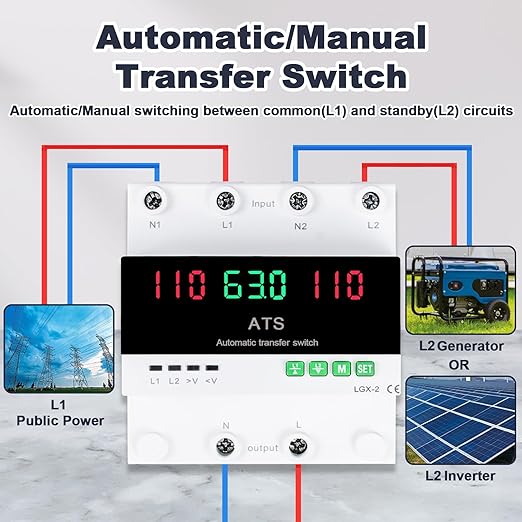 100A 120V Automatic/Manual Generator Transfer Switch, DIN Rail Mount 110V for Generator Backup Power & Gas Furnace, 50/60Hz, LED Display, CE Certified